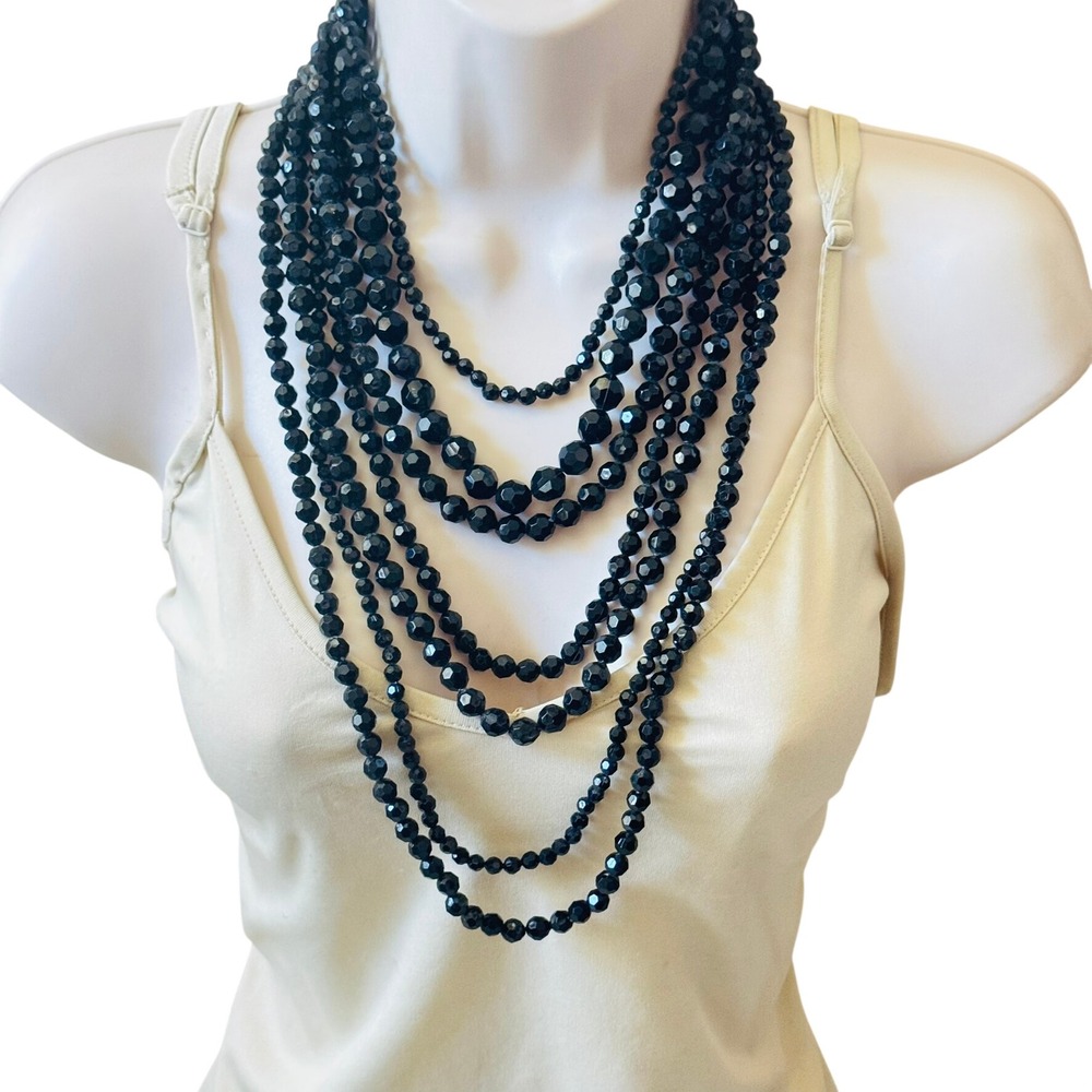 VTG Graziano Black Lucite Necklace Statement Beaded Multi 7 Strand Goth Y2K long